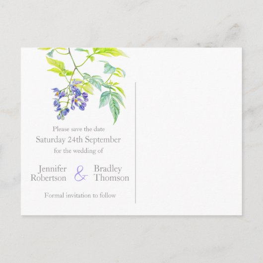 Save the Date lila Traukarte Ankündigungspostkarte (Rückseite)