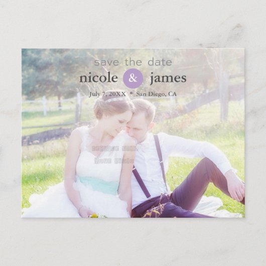 SAVE THE DATE Lila Typografie Foto Postkarte (Vorderseite)
