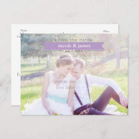 SAVE THE DATE Lila Typografie Foto Postkarte (Vorne/Hinten)