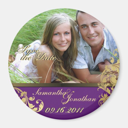Save the Date Lila und Gold Shimmer Blumenmagnet Magnet (Vorne)
