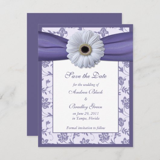 Save the Date lila weiße Damaskotkarte (Vorne/Hinten)