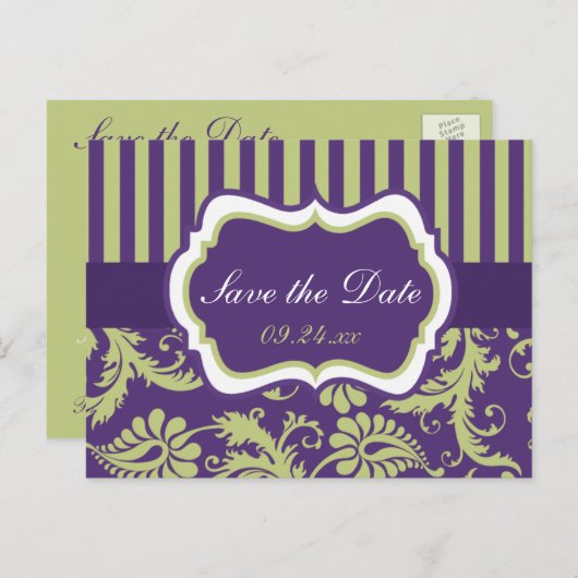 Save the Date lila, weiße, grüne Damaske Ankündigungspostkarte (Vorne/Hinten)