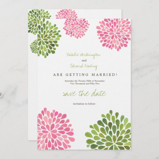 Save the Date Linen Pink & Grüne Blume blüht (Vorne/Hinten)