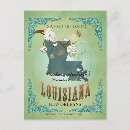 Save the Date - Louisiana Karte mit hübschen Vögel (Vorderseite)