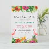 Save The Date | Luau Tropical Floral Flamingo (Stehend Vorderseite)