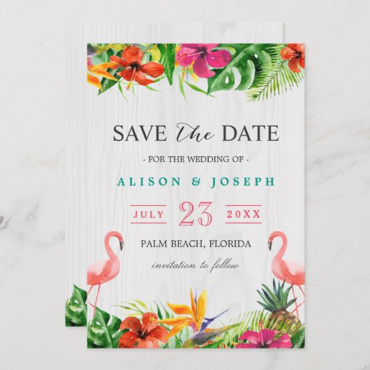 Save The Date | Luau Tropical Floral Flamingo (Vorne/Hinten)