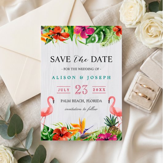 Save The Date | Luau Tropical Floral Flamingo