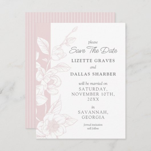 Save the Date Magnolia Blush Southern Wedding Card Einladung (Vorne/Hinten)