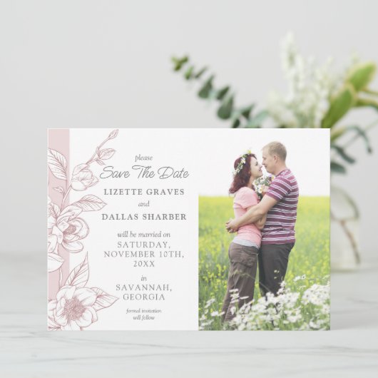 Save the Date Magnolia Blush Wedding 4-Foto Card Einladung (Stehend Vorderseite)