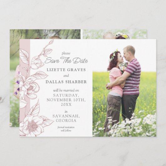 Save the Date Magnolia Blush Wedding 4-Foto Card Einladung (Vorne/Hinten)