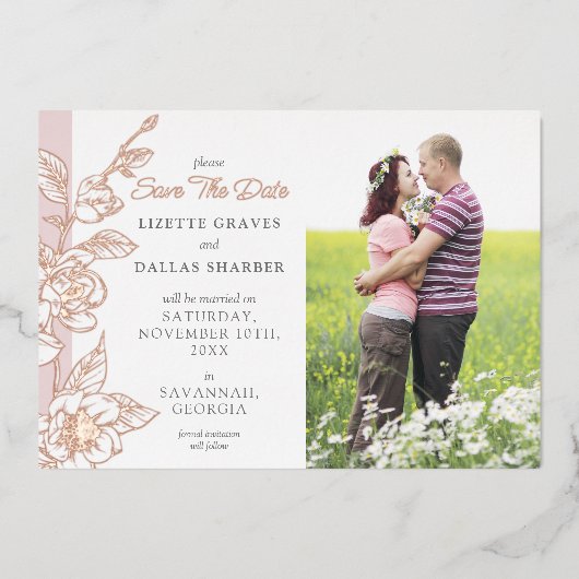 Save the Date Magnolia Blush Wedding 4-Foto Folieneinladung (Vorderseite)