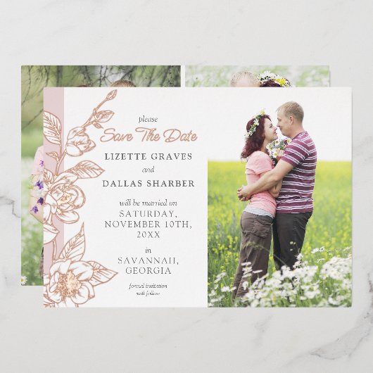 Save the Date Magnolia Blush Wedding 4-Foto Folieneinladung (Vorderseite/Rückseite)