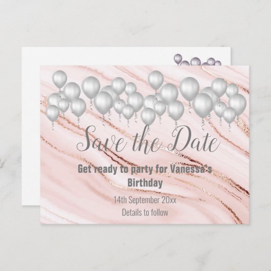 Save the Date Marble Balloon Sparkle All Occassion Ankündigungspostkarte (Vorne/Hinten)