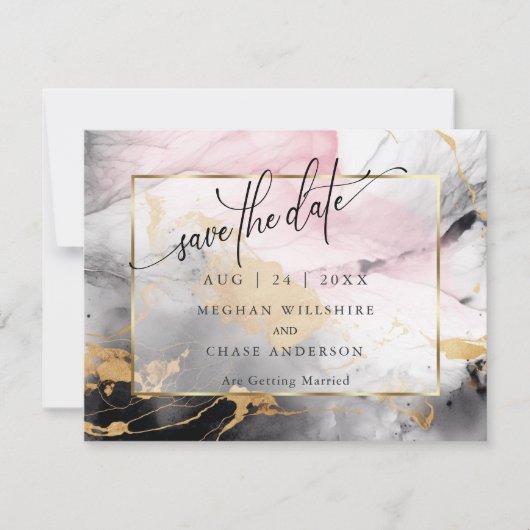Save the Date Marble Rose Black Gold Abstrakt (Vorderseite)