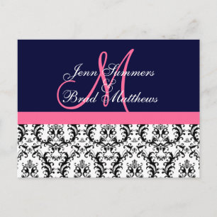 Save the Date Marine-rosa Monogramm-Damast-Karte Ankündigungspostkarte