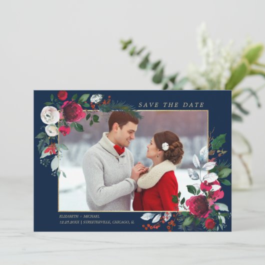 Save The Date. Marineblau | Burgundy Wedding Foto Einladung (Stehend Vorderseite)