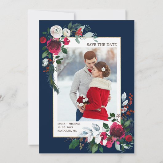 Save The Date. Marineblau | Burgundy Wedding Foto Einladung (Vorderseite)