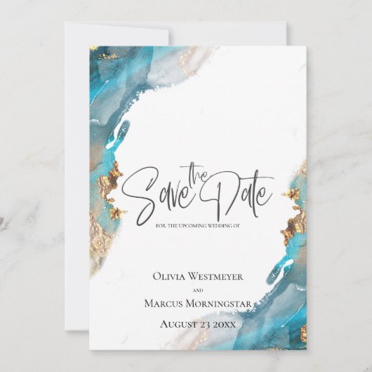 Save the Date Marmorfarben Türkis und Gold Einladung (Vorderseite)