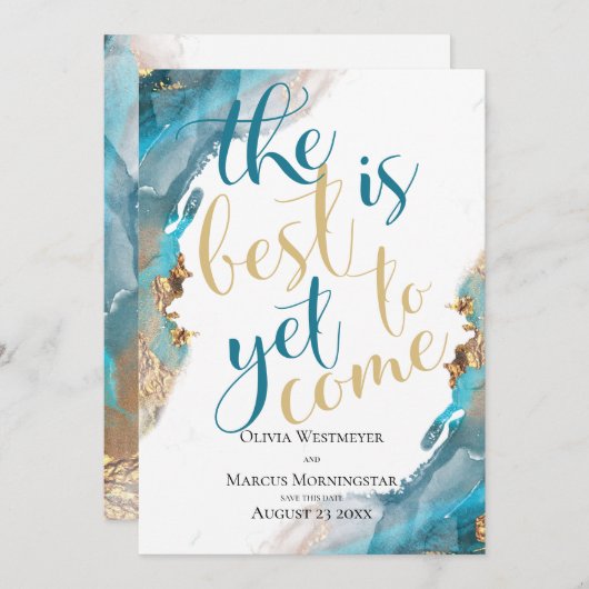 Save the Date Marmorfarben Türkis und Gold Einladung (Vorne/Hinten)