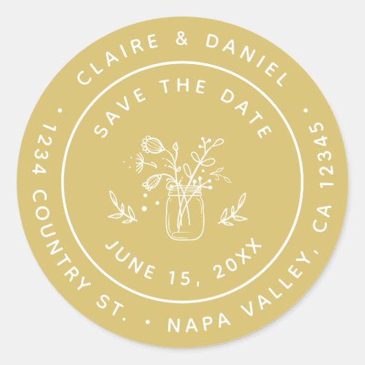 Save the Date Mason Jar Blume Rücksendeadresse Runder Aufkleber (Vorderseite)
