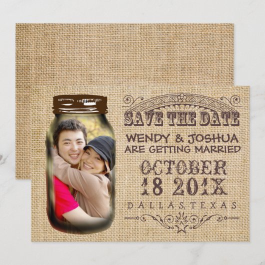 Save the Date Mason Jar Burlap Rustic Wedding (Vorne/Hinten)