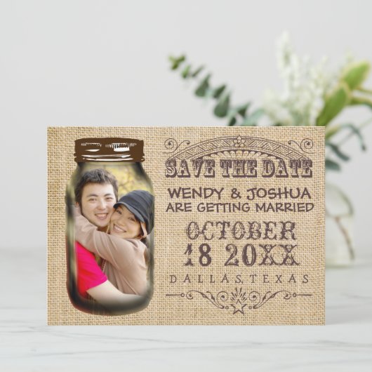 Save the Date Mason Jar Burlap Rustic Wedding (Stehend Vorderseite)