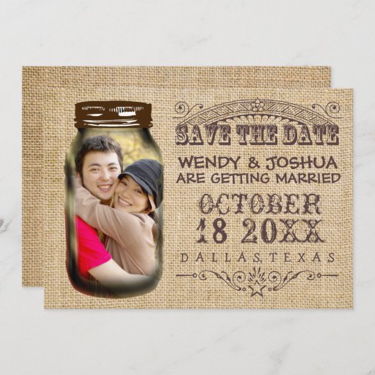 Save the Date Mason Jar Burlap Rustic Wedding (Vorne/Hinten)