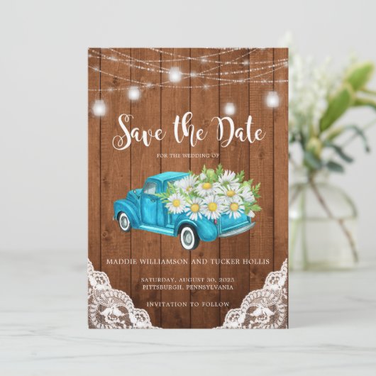 Save the Date Mason Jar Lights Wood Lace (Stehend Vorderseite)