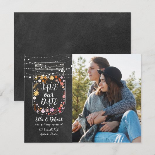 Save the Date Mason Jar String Lights Boho Foto Postkarte (Vorne/Hinten)