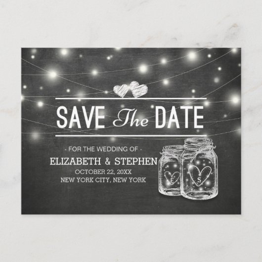 Save the Date Mason Jar String Lights Chalkboard A Ankündigungspostkarte (Vorderseite)