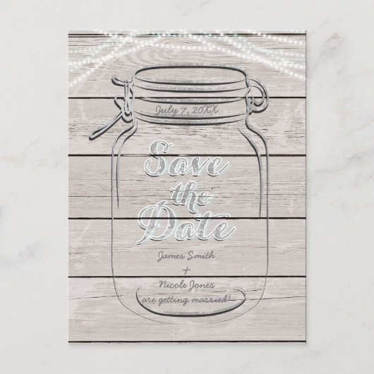 Save the Date Mason Jar & String Lights Hochzeit Ankündigungspostkarte (Vorderseite)