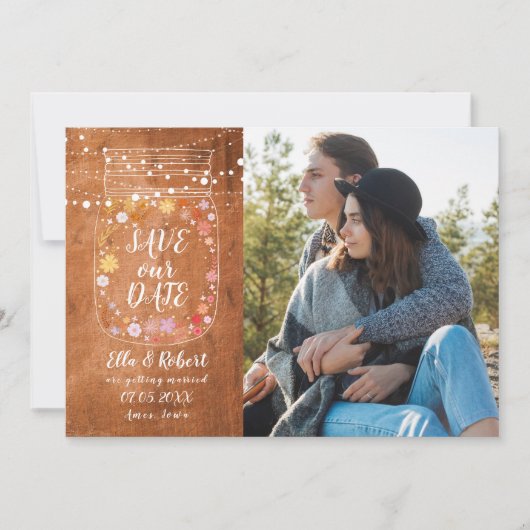 Save the Date Mason Jar String Lights Rustikales F Einladung (Vorderseite)