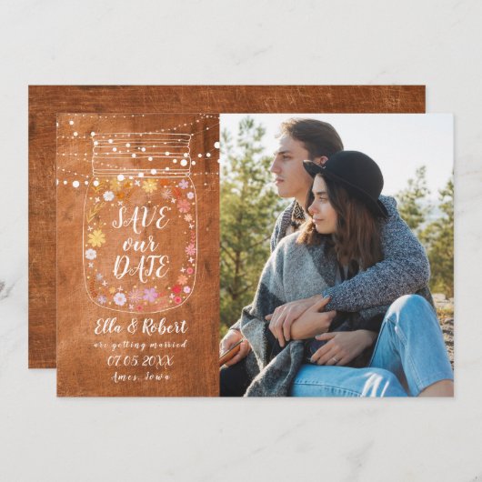 Save the Date Mason Jar String Lights Rustikales F Einladung (Vorne/Hinten)