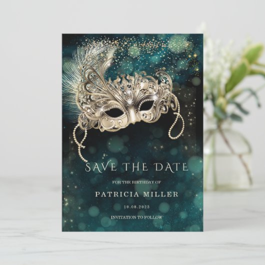 Save the Date Masquerade Party Einladung (Stehend Vorderseite)