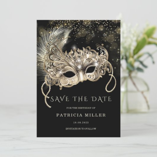 Save the Date Masquerade Party Einladung (Stehend Vorderseite)