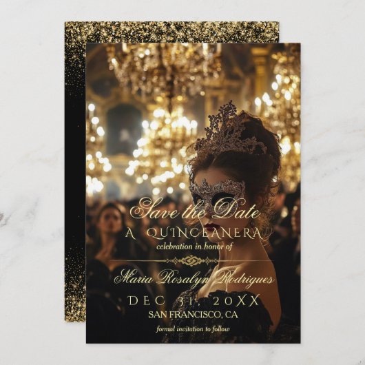 Save the Date Masquerade Quinceanera Foto Einladung (Vorne/Hinten)