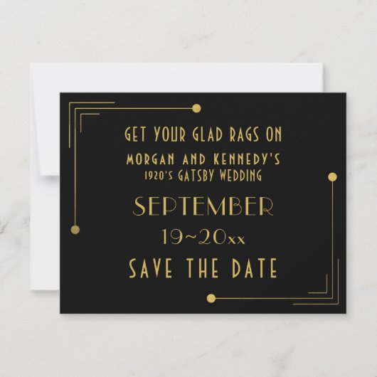 Save the Date Matte Black and Gold 1920er Hochzeit (Vorderseite)