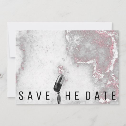 Save the Date Mikrofon Glitzer Rosa graue Marmorpl (Vorderseite)