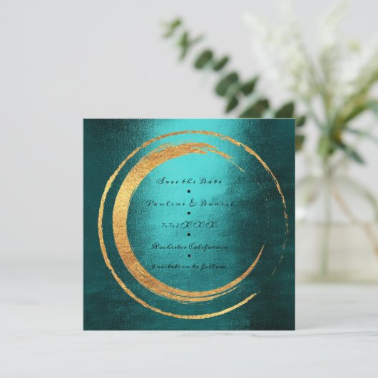 Save the Date Minimaler Aquamariner Goldkranz (Stehend Vorderseite)