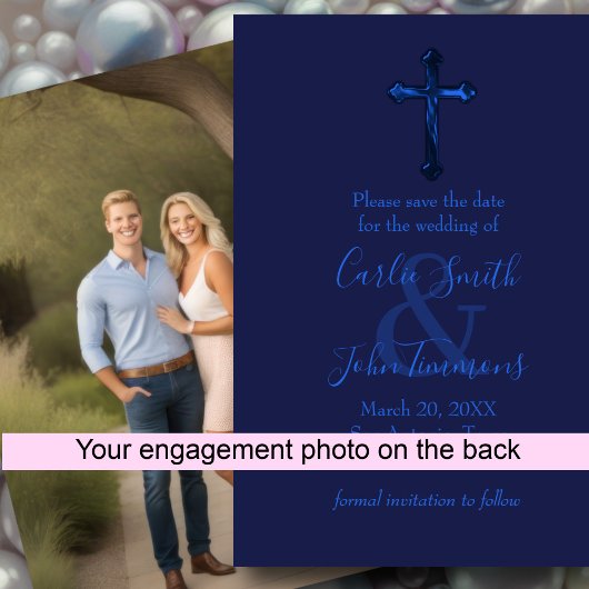 Save the Date mit Cross Blue Monotone Foto zurück