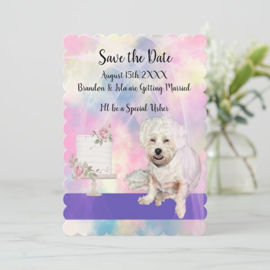 Save the Date mit dem Niedlichen Weißen Hund Einladung (Stehend Vorderseite)