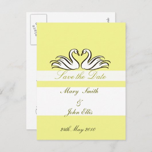 Save the Date mit einer Postkarte für Schwäne (Vorne/Hinten)