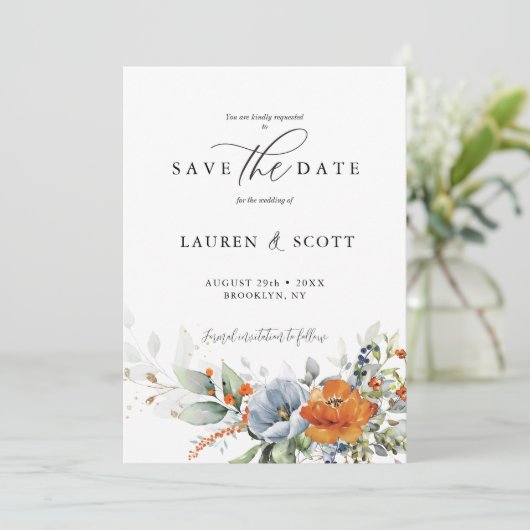 Save the Date mit Orange und Blumen (Stehend Vorderseite)