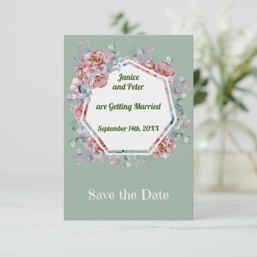 Save the Date mit Peach & Green Floral Framing (Stehend Vorderseite)