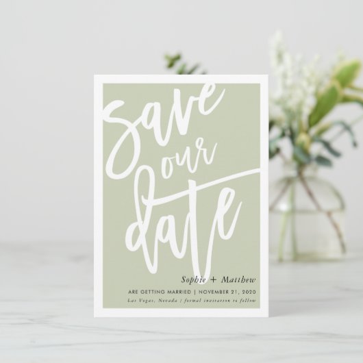 SAVE THE DATE mit Pinselstrich und Schrift grün Einladung (Stehend Vorderseite)