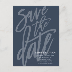 Save the Date Modern Brush Script Denim Blue Ankündigungspostkarte