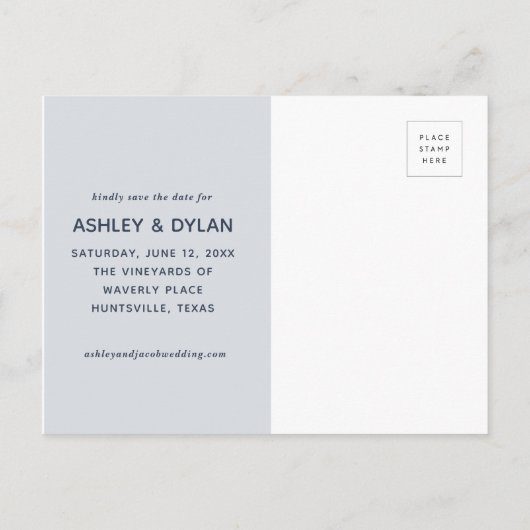 Save the Date Modern Brush Script Denim Blue Ankündigungspostkarte (Rückseite)