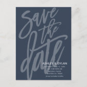 Save the Date Modern Brush Script Denim Blue Ankündigungspostkarte (Vorderseite)