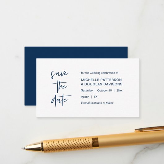 Save the Date, modern minimalistisch, Navy Blue Begleitkarte (Vorderseite/Rückseite Beispiel)