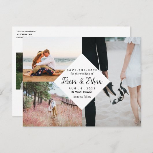 Save the Date moderne Diamond-Multifoto-Collage Postkarte (Vorne/Hinten)